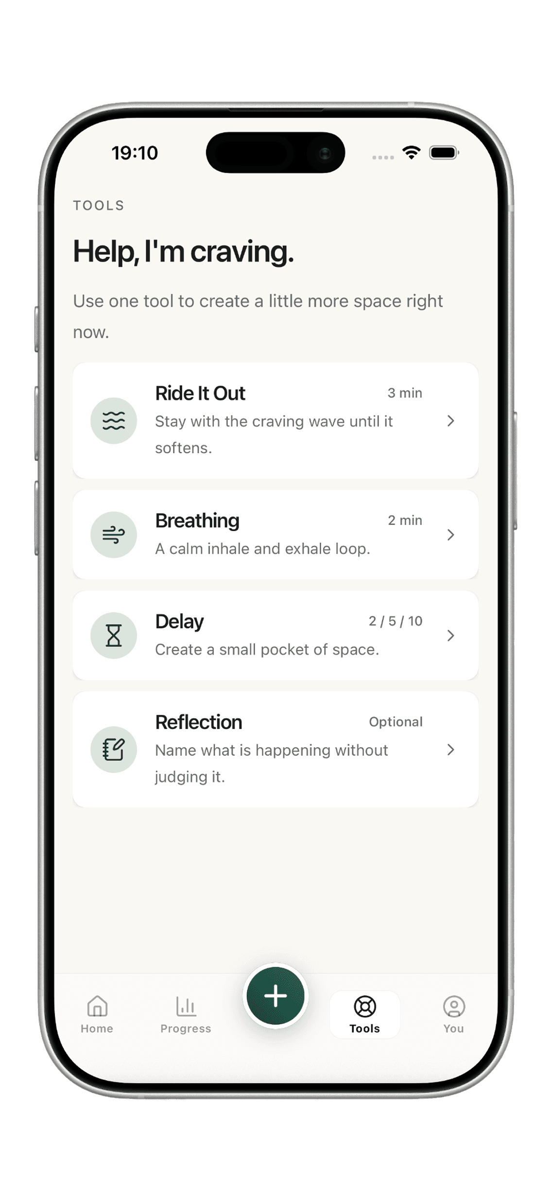 FUM Tools screen with craving support options including Ride It Out and Breathing.