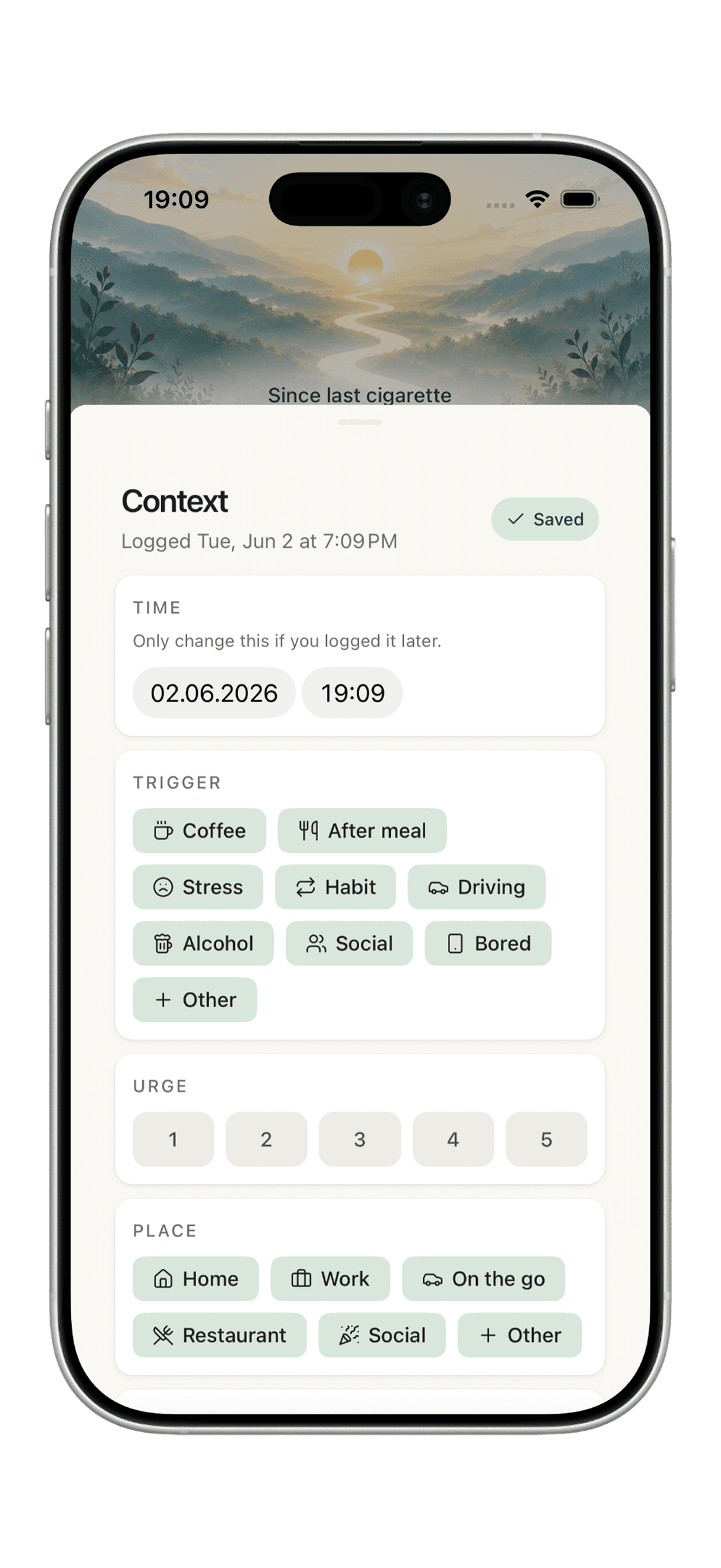 FUM log context screen with optional trigger, urge, and location details.