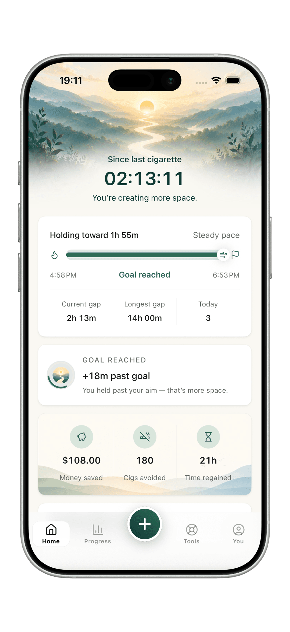 FUM Home screen showing a stretch goal reached and more space created.